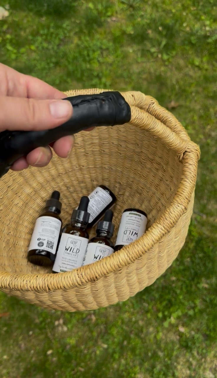 Hand holding a woven basket filled with 5 amber tincture bottles with white labels. The bottles are randomly sitting in the woven basket haphazardly. The bottles are of Wild+Balance mushroom immunity tonic. There is a grassy background. 